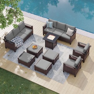 Sonkuki 9 Pieces Patio Sofa with Square Fire Pit Table and Ottomans, Patio Conversation Couch with Cushion - 1 of 4