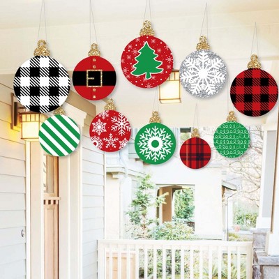 Big Dot of Happiness Hanging Black, Red and Green Ornaments - Outdoor Holiday or Christmas Hanging Porch and Tree Yard Decorations - 10 Pc