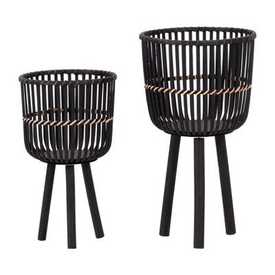 Sagebrook Home 19"/23" Set of 2 Bamboo Wood Planters on Stands, Indoor Outdoor, Black, Tri-Footed Wicker Bamboo Planters Baskets for Garden, Patio,