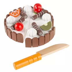 Birthday Cake-Kids Wooden Magnetic Dessert with Cutting Knife, Fruit Toppings, Chocolate and Vanilla Swirls-Fun Pretend Play Party Food by Toy Time