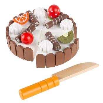 Toy Time Birthday Cake-Kids Wooden Magnetic Dessert with Cutting Knife, Fruit Toppings, Chocolate and Vanilla Swirls-Fun Pretend Play Party Food