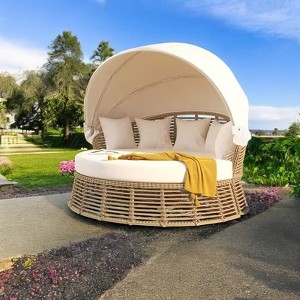 Outdoor Rattan Round Daybed with Retractable Canopy, Wicker Furniture Poolside Sofa Sunbed with Removable Cushions for Backyard and Porch - 1 of 4