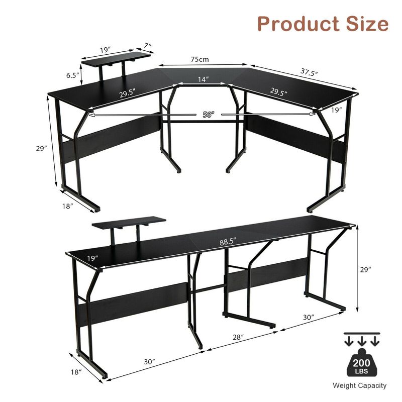 Costway 88.5'' L Shaped Reversible Computer Desk 2 Person Long Table Monitor Stand, 3 of 11