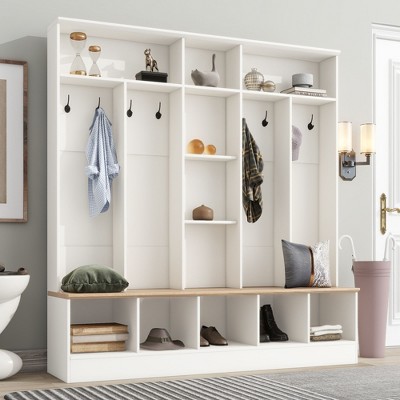 The Misty Moon Black Hall Tree with Storage Bench Shoe Cabinet with Cube Storage and Shelves, Multifunctional Coat Rack with 8 Hooks