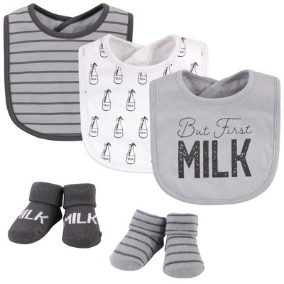 Hudson Baby Infant Cotton Bib and Sock Set 5pk, But First Milk, One Size