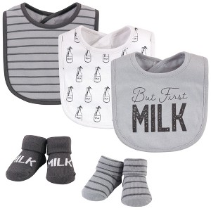 Hudson Baby Infant Cotton Bib and Sock Set 5pk, But First Milk, One Size - 1 of 2