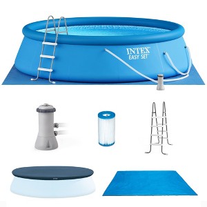 Intex Easy Set Inflatable Puncture Resistant Circular Above Ground Portable Outdoor Family Swimming Pool with Filter - 1 of 4