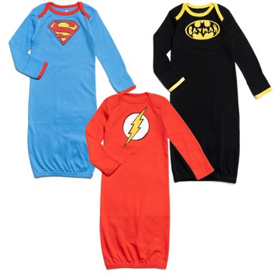Image of DC Comics Justice League Batman Superman The Flash Newborn Baby Boys 3 Pack Sleeper Gowns Black / blue / Red 0-6 Months