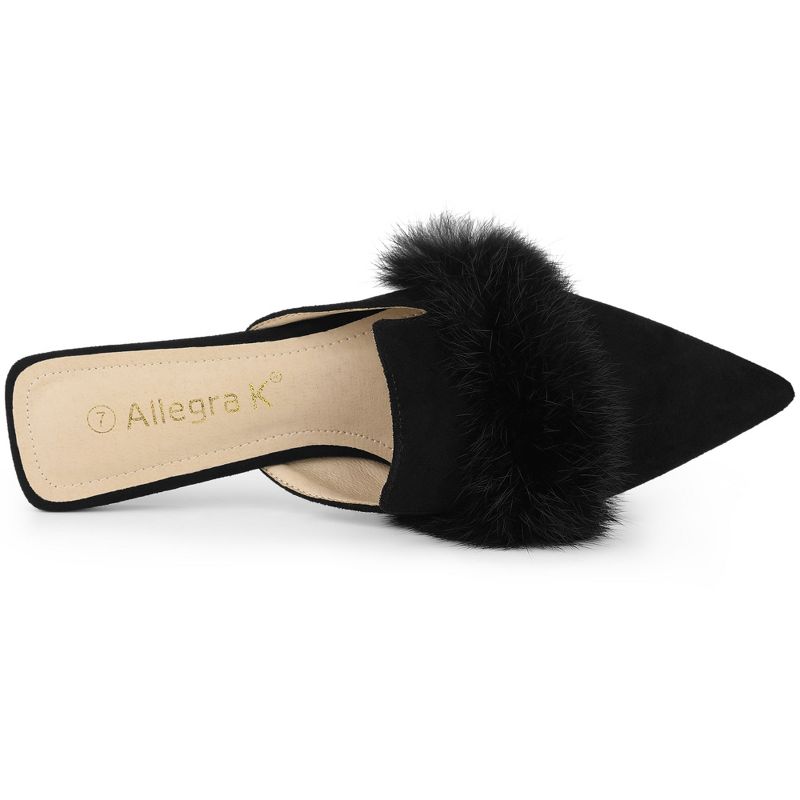 Allegra K Women's Pointed Toe Faux Fur Slip on Flat Slide Mules, 5 of 7