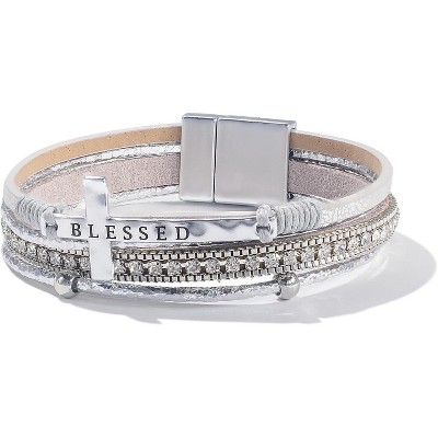 Cross Leather Bracelet with Magnetic Clasp, Christian Religious Boho Wrap Cuff Bangle for Women