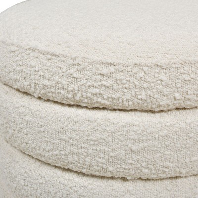 Ivory White 19" Round Boucle Storage Ottoman