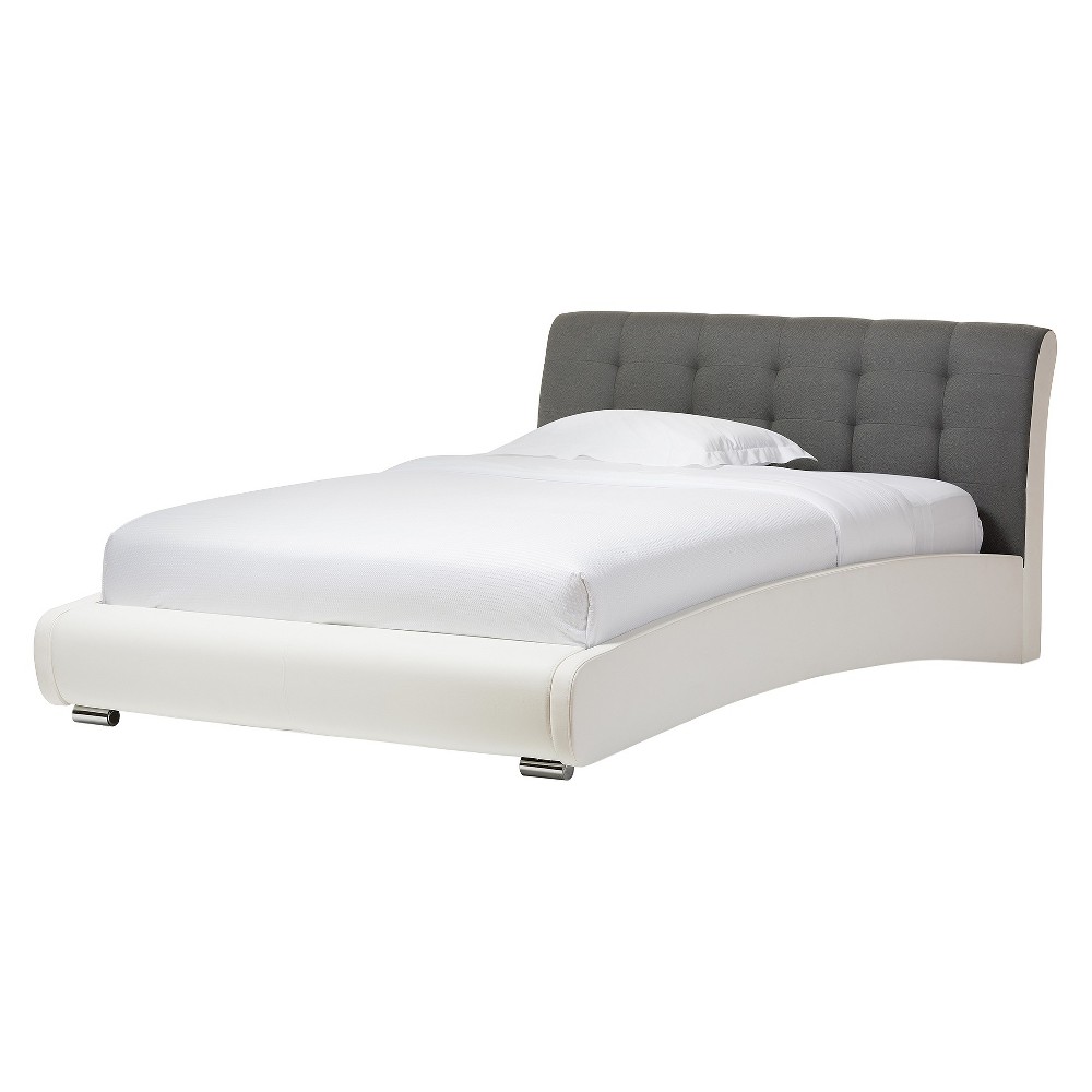 Photos - Bed Queen Guerin Contemporary Faux Leather & Fabric Platform : Chrome Legs