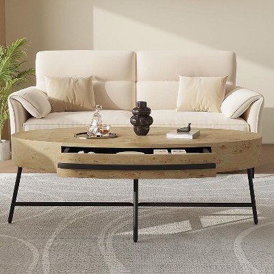 Oval Coffee Table with Drawer Mid-Century Modern Center Table 47.2“ Wooden Coffee Table with Storage and Cross Metal Legs for Living Room