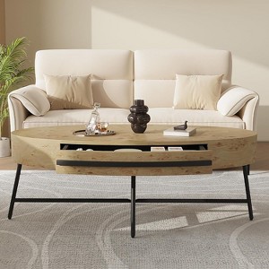 Oval Coffee Table with Drawer Mid-Century Modern Center Table 47.2“ Wooden Coffee Table with Storage and Cross Metal Legs for Living Room - 1 of 4