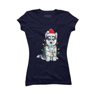 Junior's Design By Humans Siberian Husky Santa Christmas Tree Lights Xmas Gifts Boys T-Shi By NekoShop T-Shirt - 1 of 3