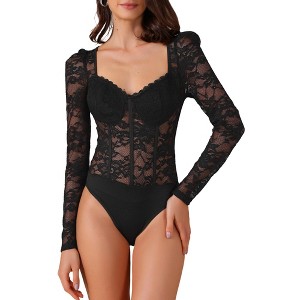 INSPIRE CHIC Women's Bodysuit Corset Long Sleeve Sweetheart Neck See Through Sheer Shirt - 1 of 4