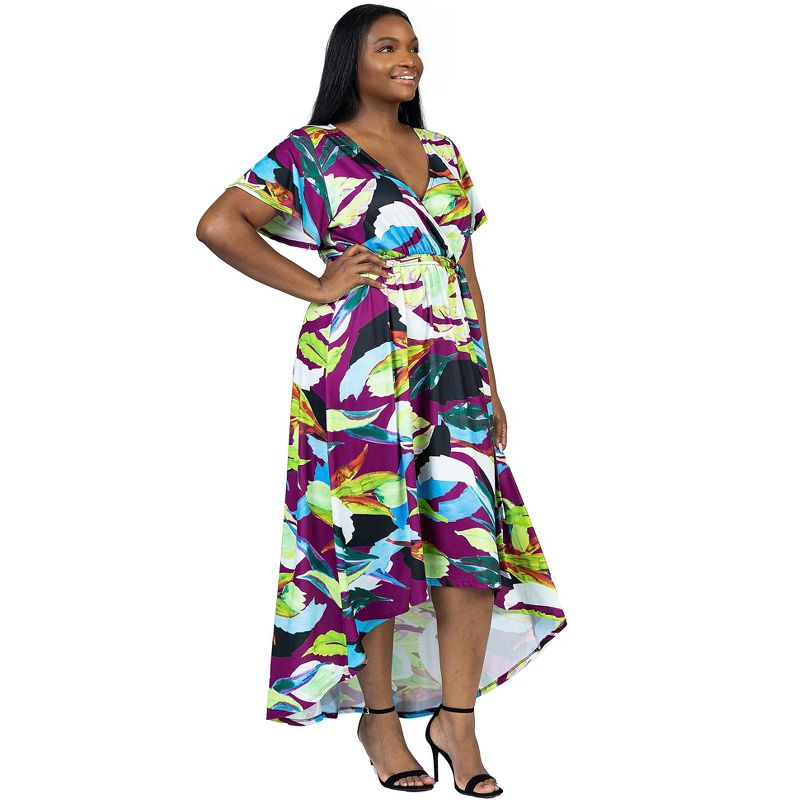 24seven Comfort Apparel Plus Size Colorful Floral V Neck Belted High Low Faux Wrap Dress, 2 of 7