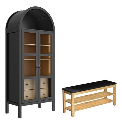 72" H Modern Farmhouse Auto Sensor Light Arched Cabinet with Shoe Rack Bench