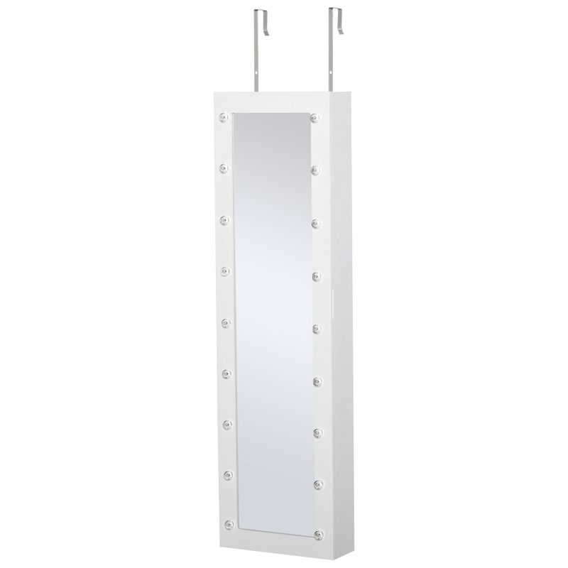 HOMCOM Jewelry Armoire with Mirror and 18 LED Lights, Wall-Mounted/Over-The-Door Cabinet with 3 Mountable Heights, White, 1 of 7