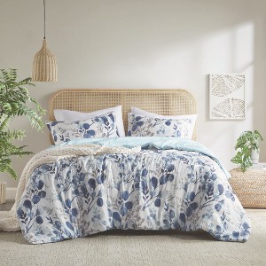 3Pcs Mini Comforter set Reversible Floral Botanical Seersucker Comforter Set - 1 of 4