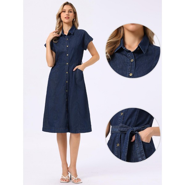 Vestido midi de mezclilla casual con botones y cinturón para mujer - INSPIRE CHIC 2