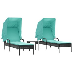 vidaXL Sun Loungers with Canopies and Table Furniture - Adjustable Reclining Patio/Garden Chaise Lounge Set, Black Poly Rattan, Turquoise Cushions - 1 of 4