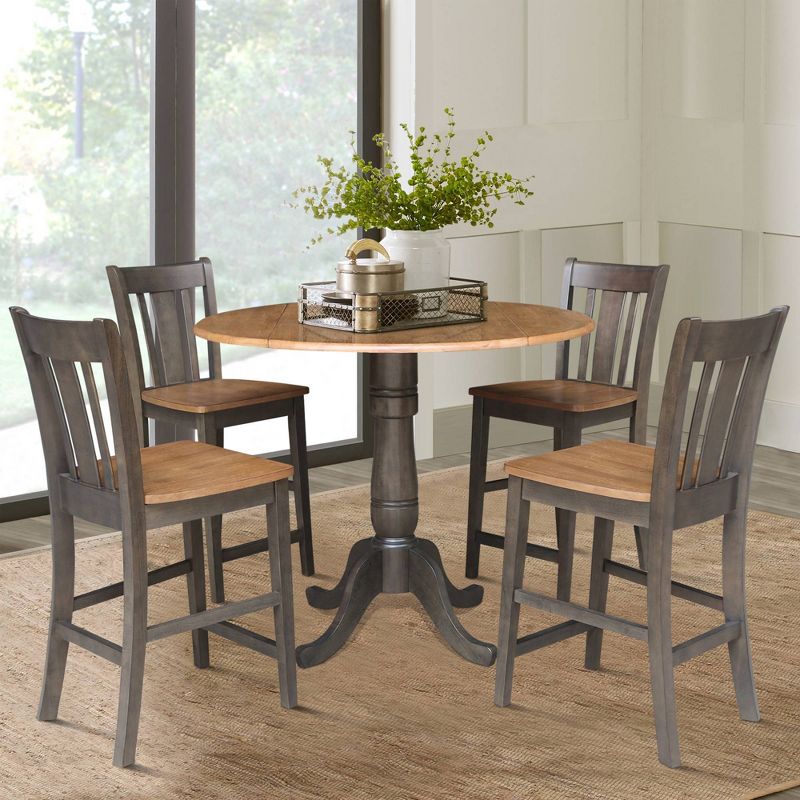 5pc 42&#34; Round Dual Drop Leaf Counter Height Dining Table with 4 Splat Back Stools Hickory/Washed Coal - International Concepts, 2 of 11