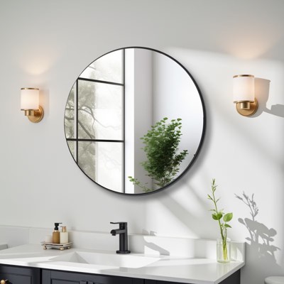 FURNIinspire Round Bathroom Vanity Mirror with Sturdy Metal Frame for HD Reflections - Perfect for Bedroom Bathroom Entryway, Black, 36"*36"*1.2"