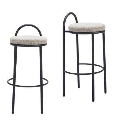 HomeRoots Set of Two 30" Beige and Black Chenille and Steel Low Back Bar Height Bar Chairs