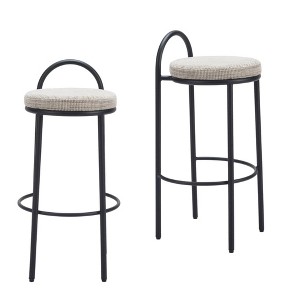 HomeRoots Set of Two 30" Beige and Black Chenille and Steel Low Back Bar Height Bar Chairs - 1 of 4