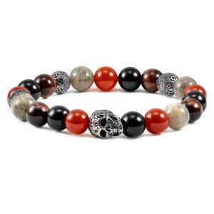 Crucible Men's Skull with Onyx, Labradorite, Tiger Eye and Agate Stones Stretch Bracelet (10mm) - 1 of 4