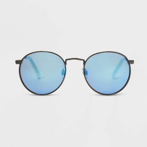 Gray-Silver Oversized Metal Round Tinted Sunglasses with Blue Sunwear  Lenses - 9099