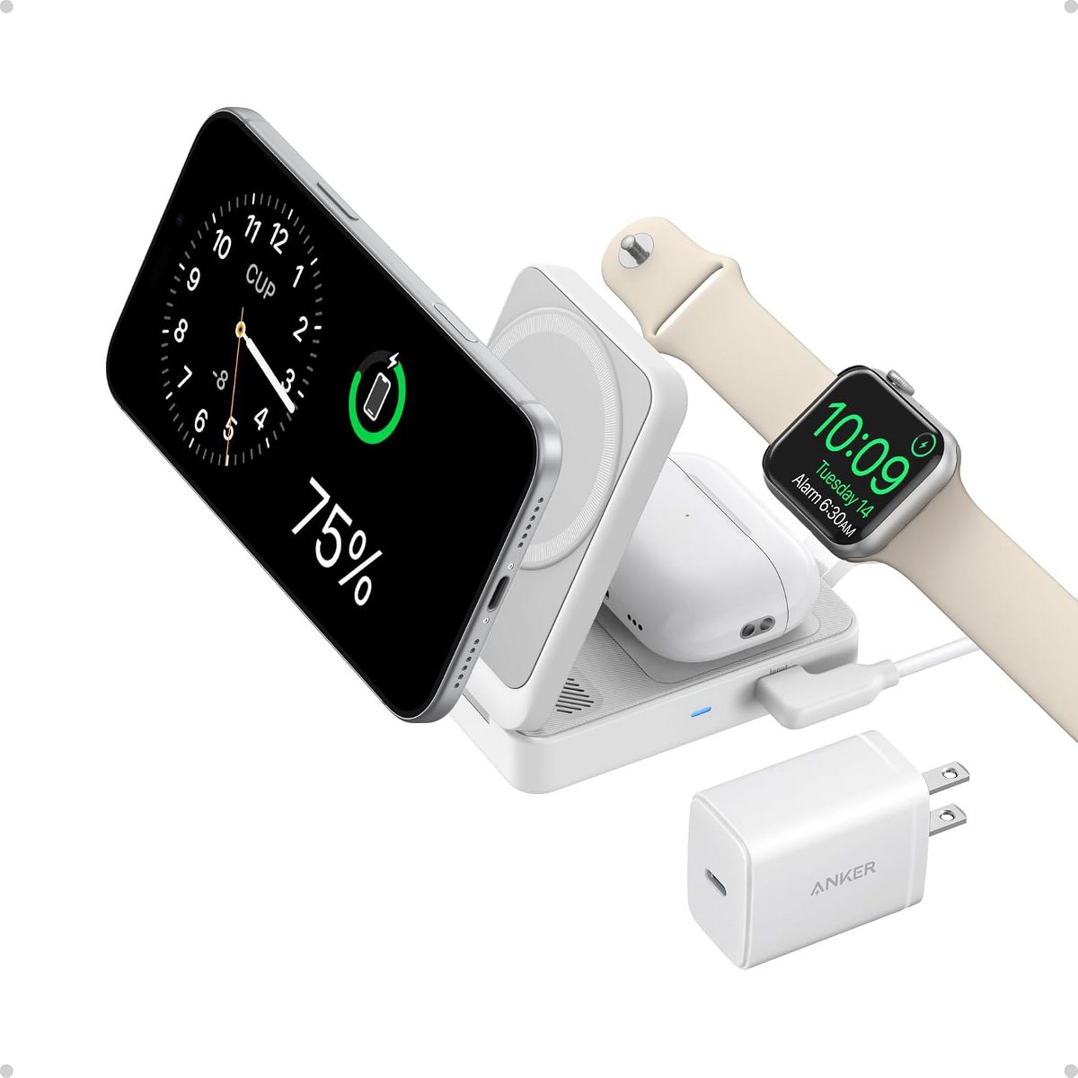 Refurbished Anker 3-in-1 MagSafe Qi2 15W Charging Station, Wireless Charging Stand for iPhone 17-12, AirPods, Apple Watch Ultra (Adapter Included)