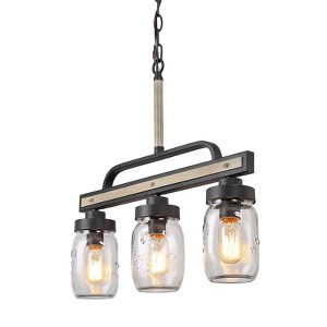 LNC Aries 3-Lights 22" Farmhouse Linear Kitchen Island Pendant  Lights, Matte  Black and Lights  Gray Wood Grain with 3 Clear Mason Jar - 1 of 4