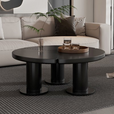 Lyngins 39.4" Cream Coffee Table with Petal-Shaped Circular Top & Sturdy Chunky Legs, Minimalist Irregular Tea Table with Sleek Round Edges
