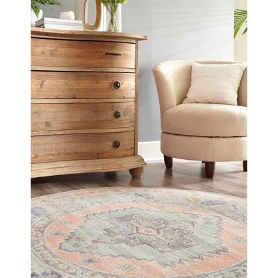 Round Pink and Ivory Synthetic Medallion Kids Rug