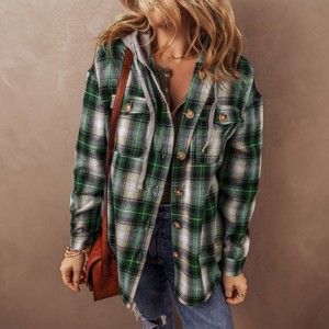 Green Plaid Print Chest Pocket Buttoned Hooded Shacket : Target