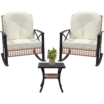 3 Piece Patio Rattan Conversation Set, Outdoor Rocking Wicker Patio Furniture Set with Thick Cushions Rocker Chair and 2-Tier Coffee Table