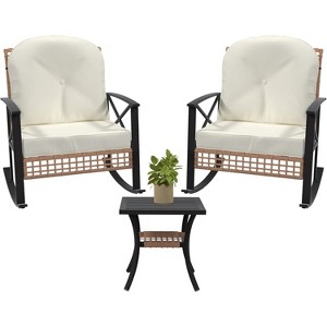 3 Piece Patio Rattan Conversation Set, Outdoor Rocking Wicker Patio Furniture Set with Thick Cushions Rocker Chair and 2-Tier Coffee Table - 1 of 4