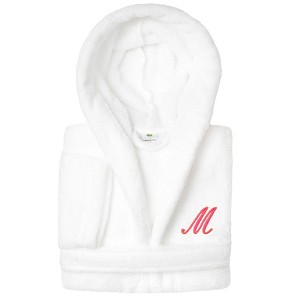 Personalized Linum Kids 100% Polyester SUPER PLUSH Double Brushed Hooded Bathrobe in Pink Script Font - 1 of 3