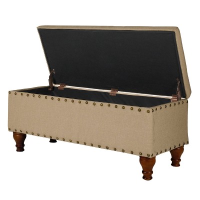 Tan Upholstered Storage Bench with Nailhead Trim and Wood Legs