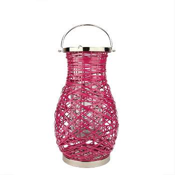 Northlight 18.5" Modern Fuchsia Pink Decorative Woven Iron Pillar Candle Lantern with Glass Hurricane