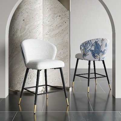 Kumasinova 28" Counter Height Bar Stools Set of 2, Golden Metal Frame Counter Stools, Jacquard Upholstered Bar Chairs with Curved Back & Footrest