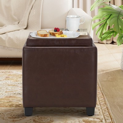 Square Leather Ottoman with Reversible Tray Lid – Hidden Storage Footrest, Small Coffee Table, Sturdy Design – 18”x18”