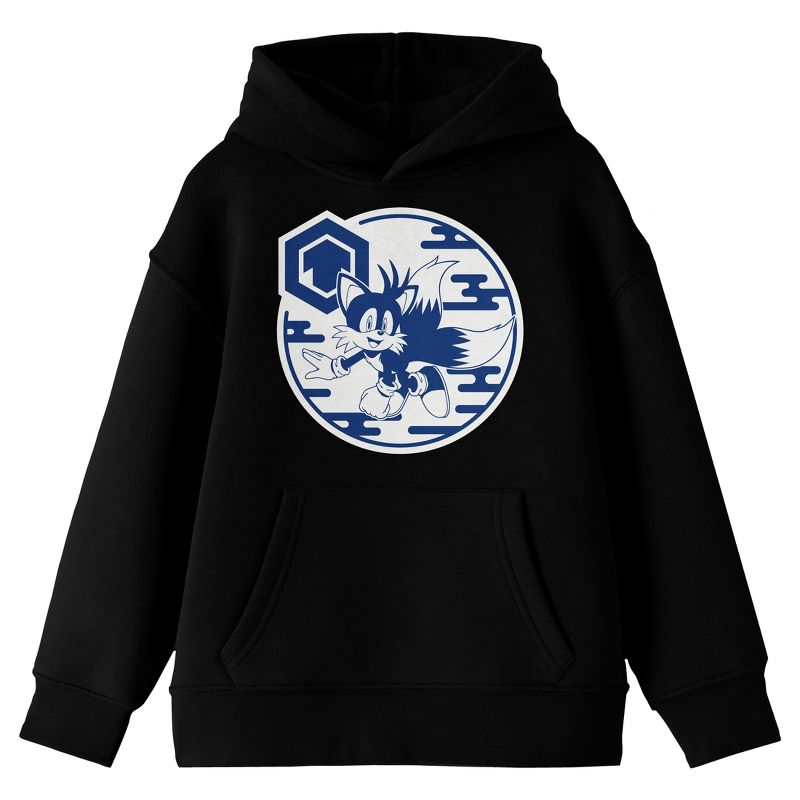 Sonic The Hedgehog Modern Tails Hexagon Graphic Long Sleeve Black Youth Hooded Sweatshirt, 1 of 4