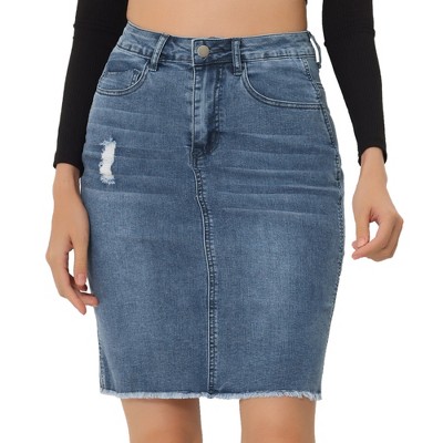 INSPIRE CHIC Women's Basic Distressed High Waist Ripped Hem Washed Jeans Skirt