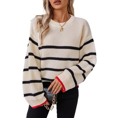 Womens Pullover Sweater Loose Fit Bell Sleeve Slouchy Sweater Ribbed Knit Crew Neck Striped Sweater