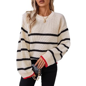 Womens Pullover Sweater Loose Fit Bell Sleeve Slouchy Sweater Ribbed Knit Crew Neck Striped Sweater - 1 of 4
