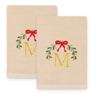 Linum Home Textiles Christmas MISTLETOE MONOGRAM - Embroidered Luxury 100% Turkish Cotton Hand Towels (Set of 2) - 1 of 3
