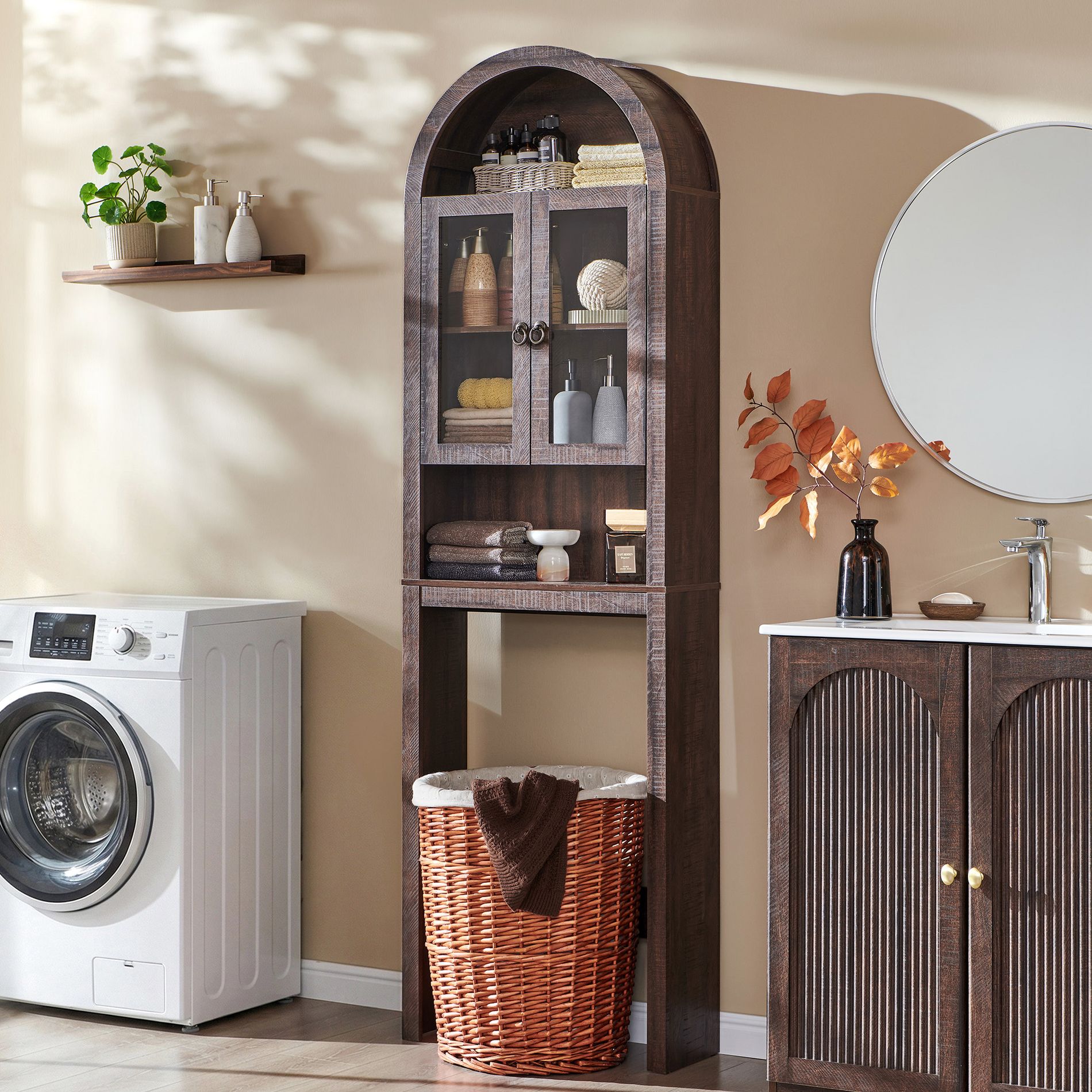 Arched Over The Toilet Storage Cabinet with Acrylic Doors, Bathroom Shelf Organizer, Modern Bathroom Cabinet with Adjustable Shelf